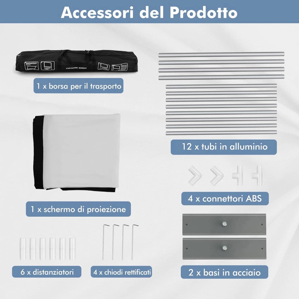 Schermo per Proiettore da 100 Pollici con Supporto, Schermo Cinematografico con Angolo di Visione di 160°, Tessuto Premium, Telaio in Alluminio e Base in Acciaio