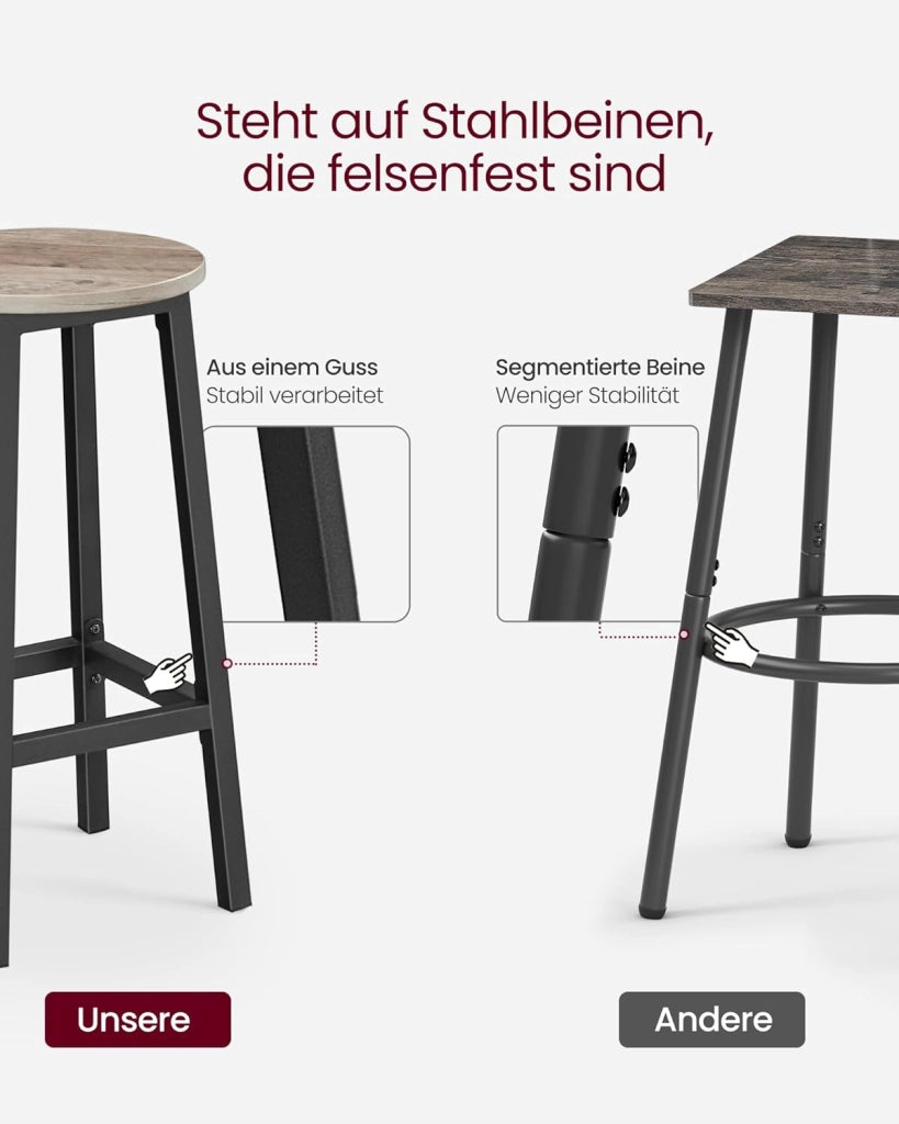 VASAGLE Set di 2 Sgabelli da Bar, Sedie da Cucina, Struttura in Metallo, Montaggio Facile, Alto 65 cm, con Poggiapiedi, per Cucina, Soggiorno, Sala da Pranzo, Greige Melange e Nero LBC032B02