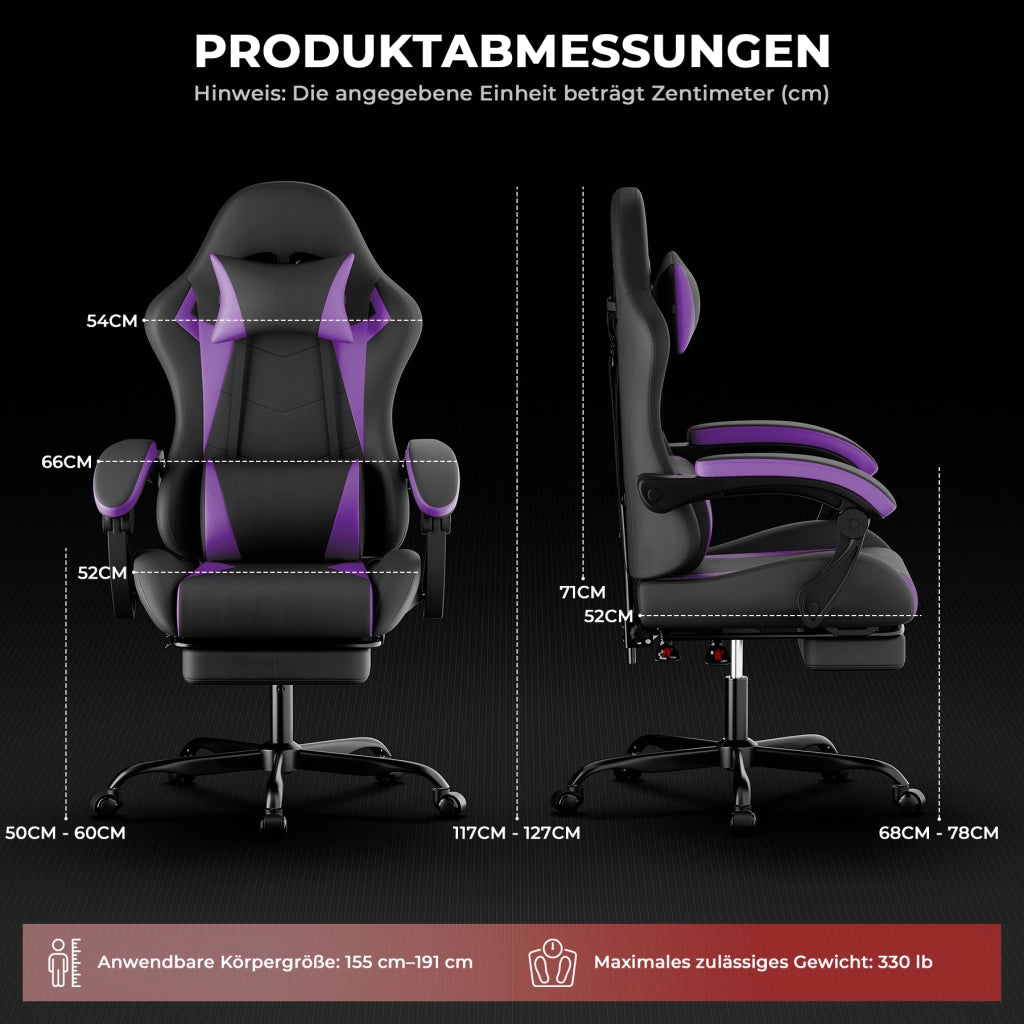 Sedia gaming ergonomica con poggiatesta supporto lombare e poggiapiedi retrattile altezza regolabile in PVC viola e nero