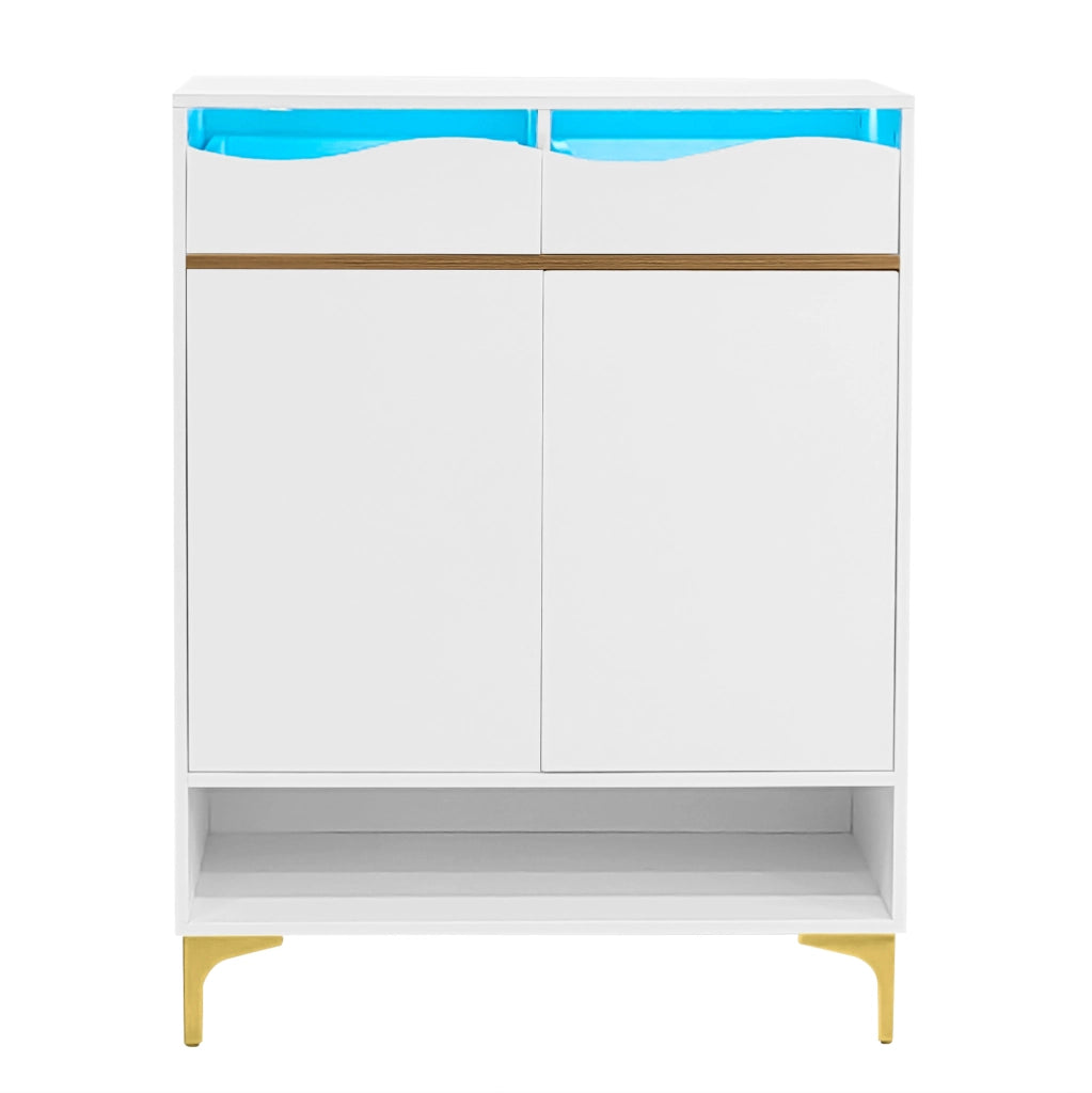 Scarpiere moderna bianca con LED a 16 colori; 80x35x105 cm; in MDF e truciolare con piedi dorati