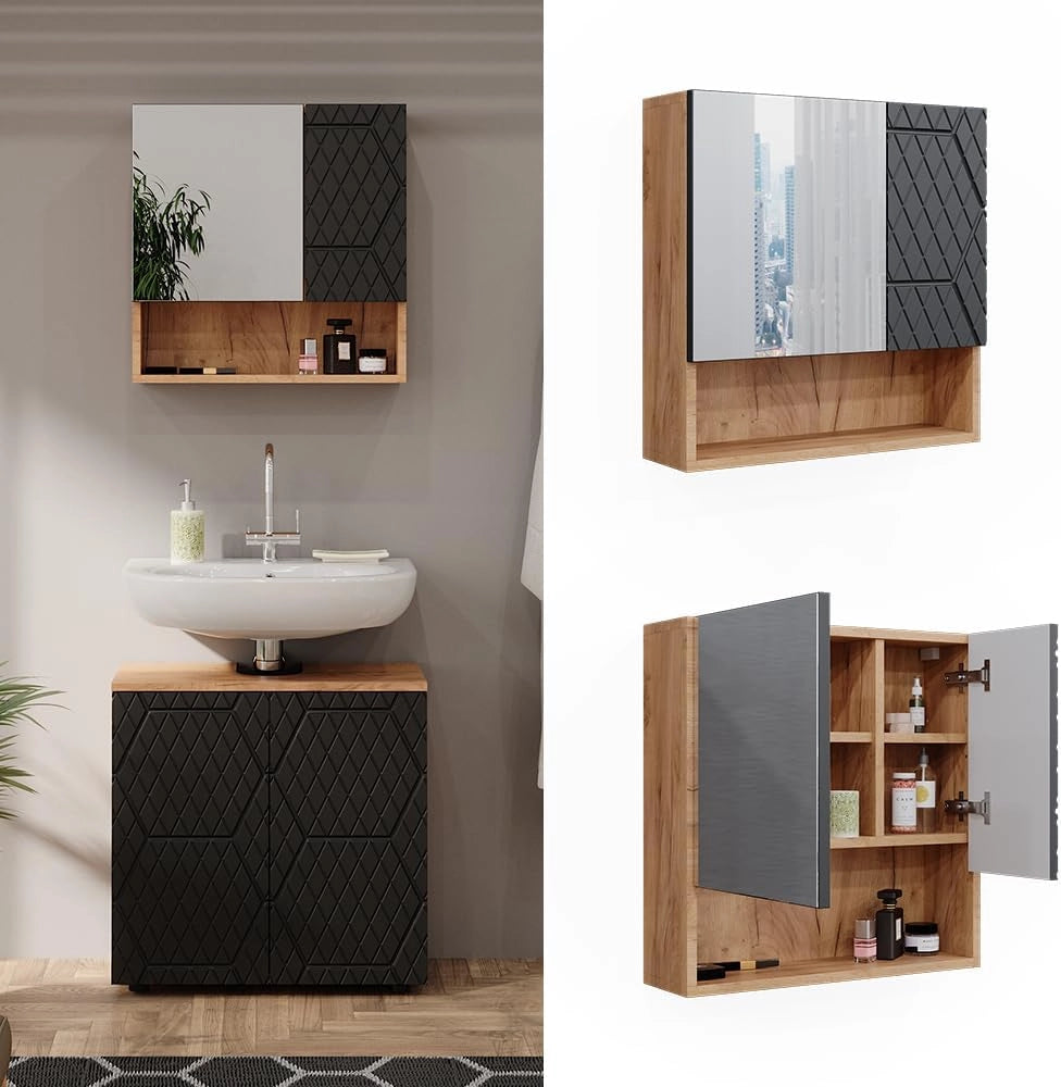 Mobile a specchio per il bagno Irma, Antracite con struttura a nido d'ape, 54 x 55 cm, per montaggio a parete con specchio e vani a giorno