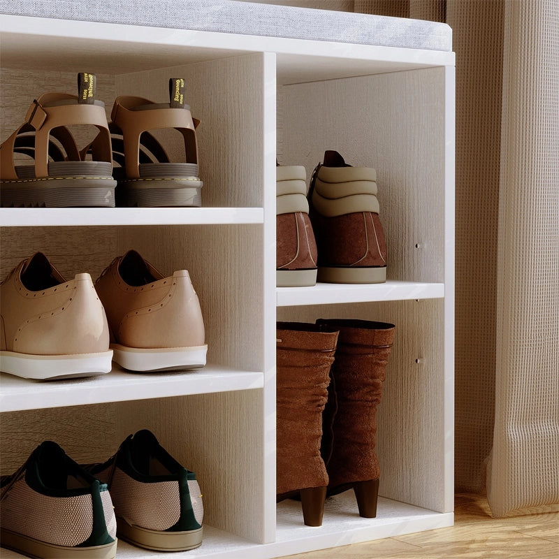 Scarpiera con seduta in stile loft, bianca, panca per ingresso, moderna