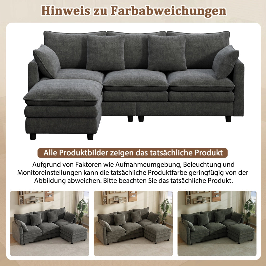 Divano angolare a L in Chenille grigio con chaise longue mobile