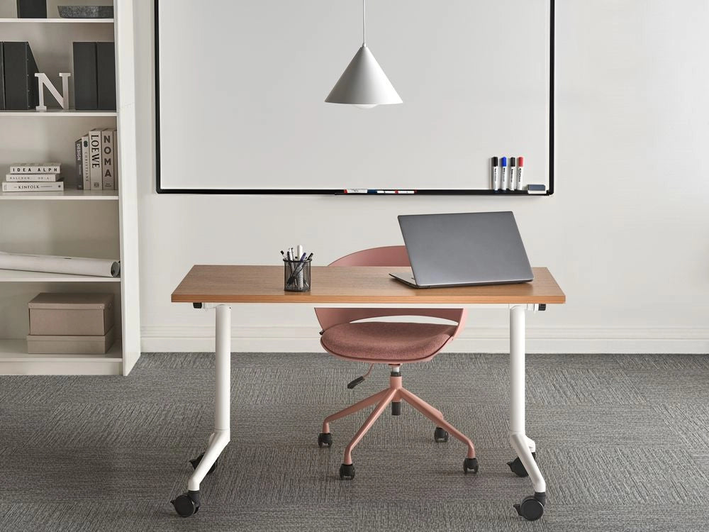 Scrivania rettangolare pieghevole con rotelle portatile con struttura in metallo marrone e bianco 120 x 60 cm stile moderno