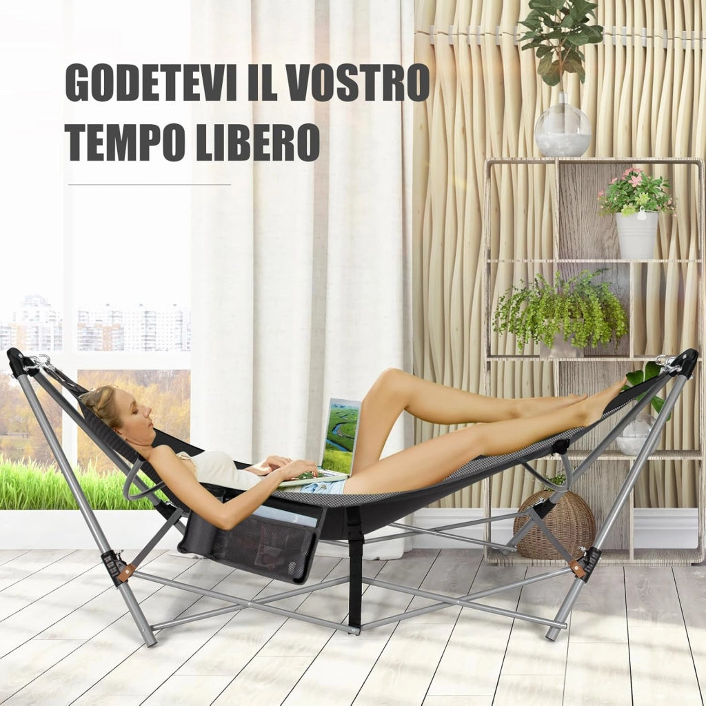 Amaca Pieghevole, Amaca con Tasca Laterale, Amaca con Supporto in Metallo e Fibbie Antiribaltamento, per Interno ed Esterno, Fino a 150 kg(Nero)