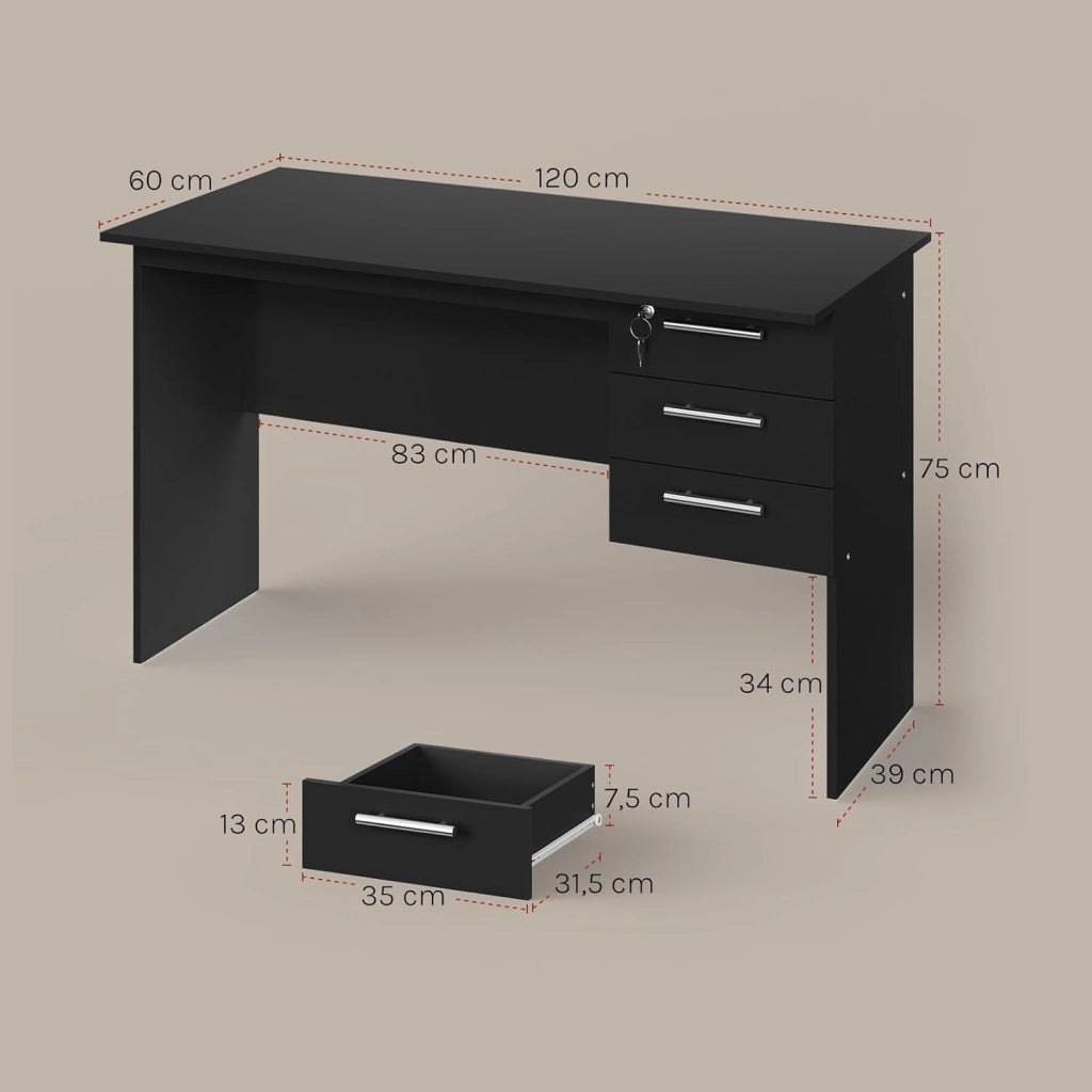Scrivania con 3 Cassetti, 120x60 cm, Tavolo da Lavoro, Scrivania per Computer, Porta PC in Legno, Nero