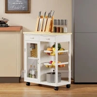 Carrello da Cucina in Bambù con 2 Cassetti, Armadietto, Ripiano e 2 Cestini in Acciaio, 67x35x80 cm, Bianco