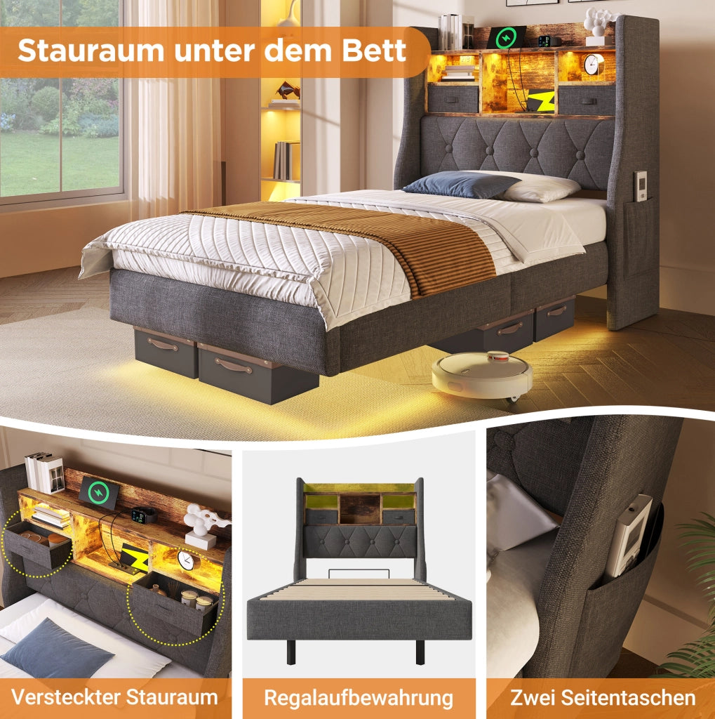 Letto singolo 90x200 cm in lino grigio con LED; USB; Type-C e materasso incluso