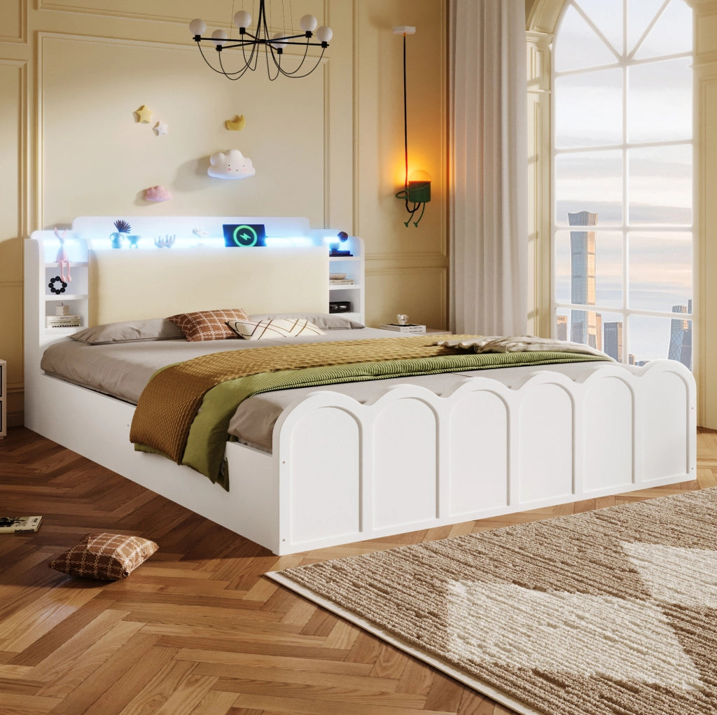 Letto 140x200 cm con contenitore; LED e USB in truciolare bianco