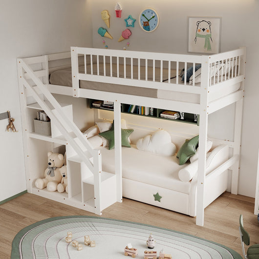 Letto a castello in legno massello per bambini - Xylo - 90x200 cm - Bianco - Con scala e armadio