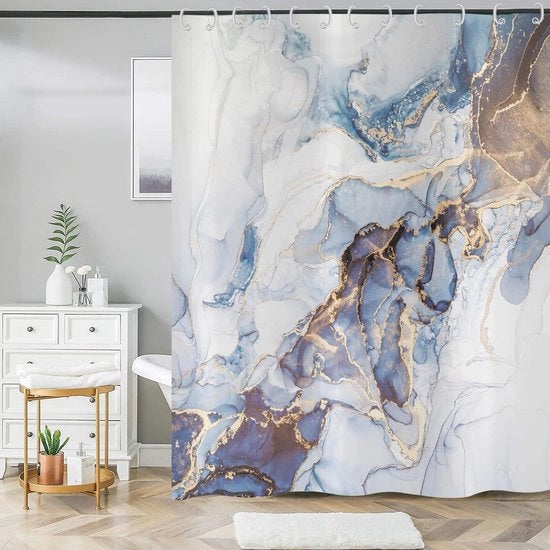 Douchegordijn Acquamarma - Impermeabile, Lavabile, Poliestere - Arte Astratta in Blu e Oro per la Stanza da Bagno