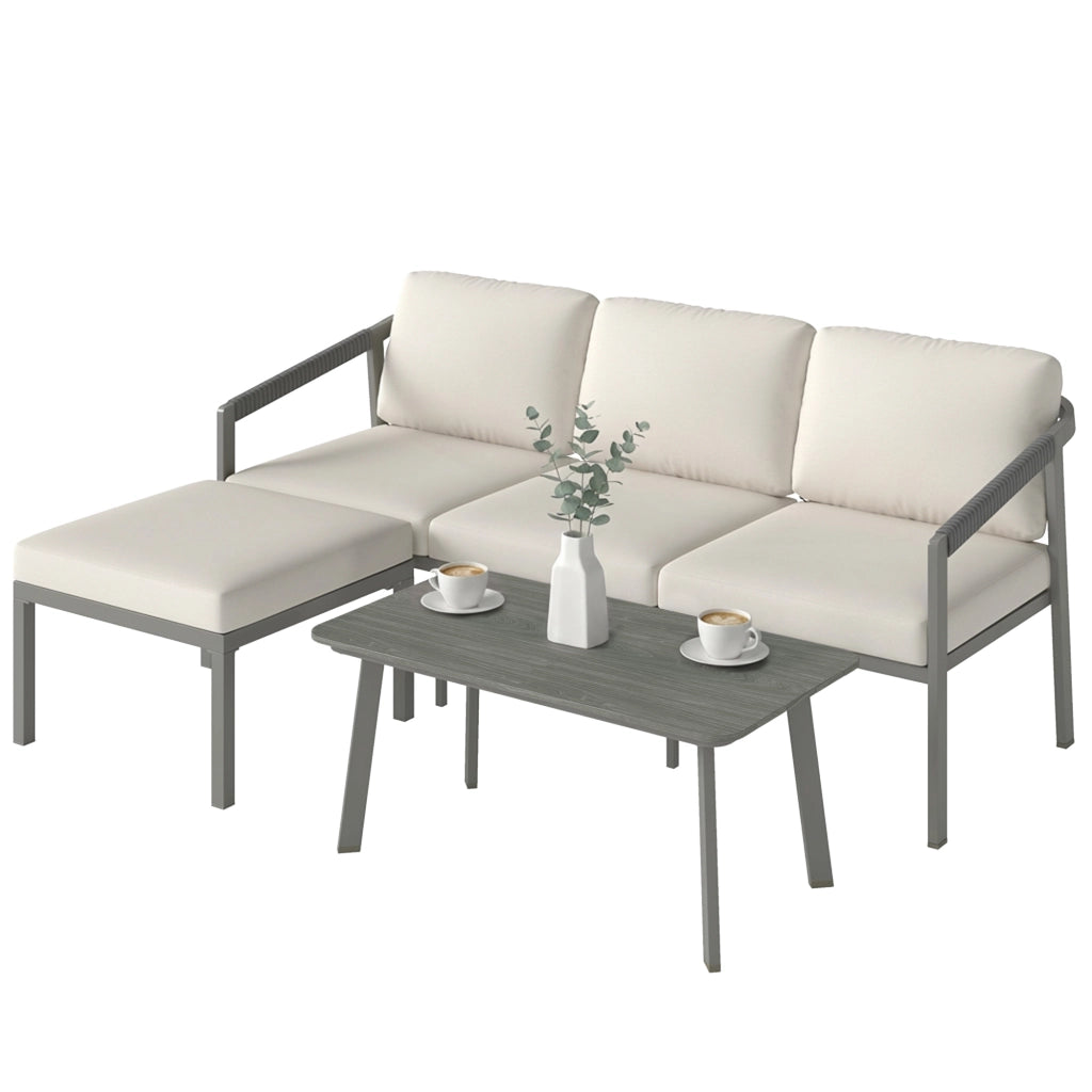 Set Giardino 3 Pezzi con Divano 3 Posti, Poggiapiedi, Tavolino e Cuscini ¨C zephmum ¨C Marrone e Beige