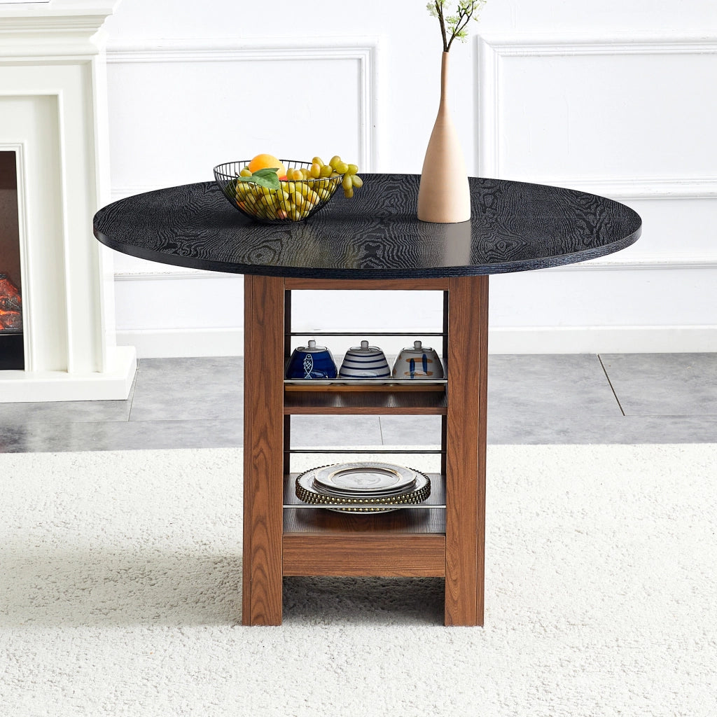 Tavolo da pranzo rotondo con vani contenitore in MDF nero effetto noce, diametro 100 cm, altezza 76 cm