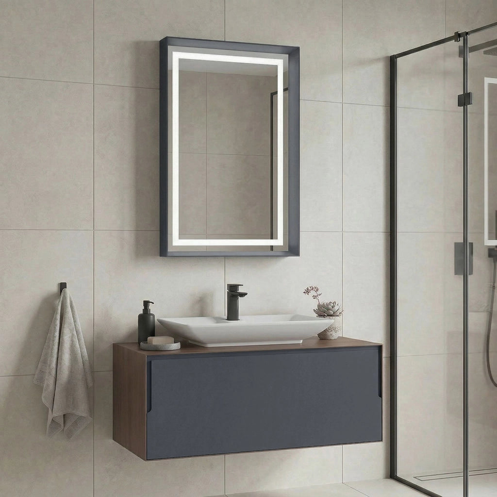 Set mobile lavabo con specchio (2 pezzi) "Craft 100" - 100 x 50 x 40 cm - Noce / Antracite / Bianco