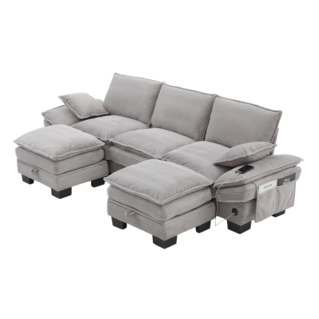 Divano modulare 3 posti in corduroy con 2 pouf; USB-C; tasche laterali; grigio chiaro