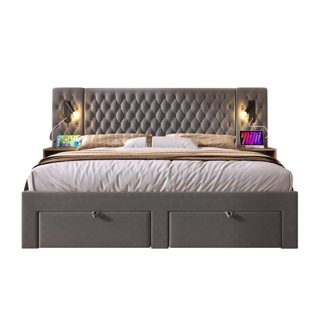 Set camera completo – 160x200 cm – 2 comodini 4 cassetti luce USB – velluto grigio
