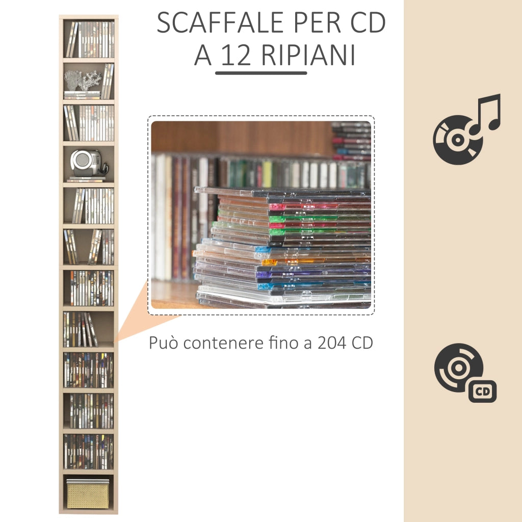 Mobile Libreria Porta CD a 12 Ripiani per 204 CD 21x20x175 cm in MDF e Truciolato Naturale