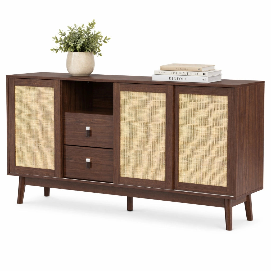 Credenza in Rattan con 3 Ante Scorrevoli e 2 Cassetti
