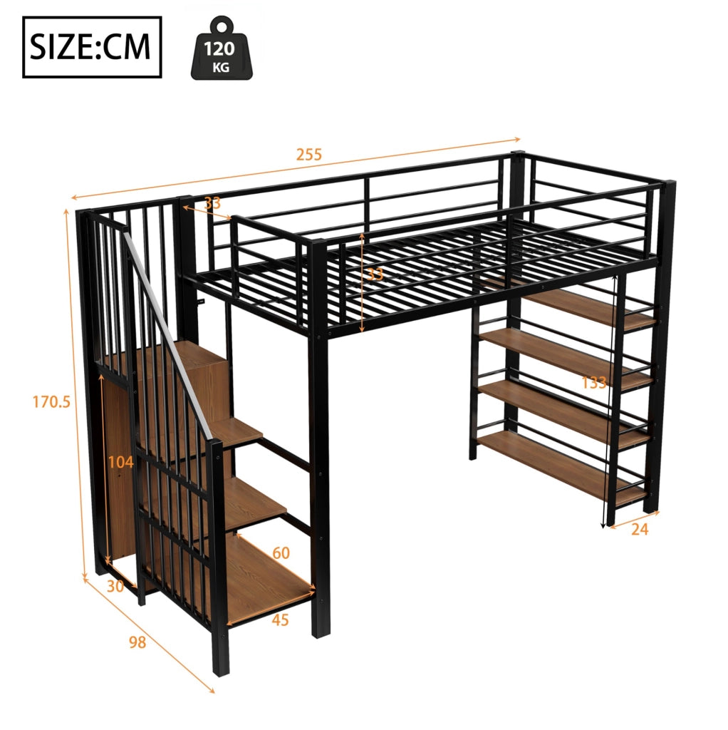 Letto a soppalco 90x200 cm in metallo nero con scala; armadio e ripiani