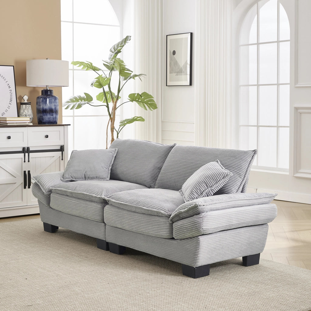 OKWISH Divano Lineare 2 Posti, Seduta Extra Profonda con Braccioli Imbottiti e 2 Cuscini, Velluto Grigio Chiaro, 224 × 81 × 81 cm