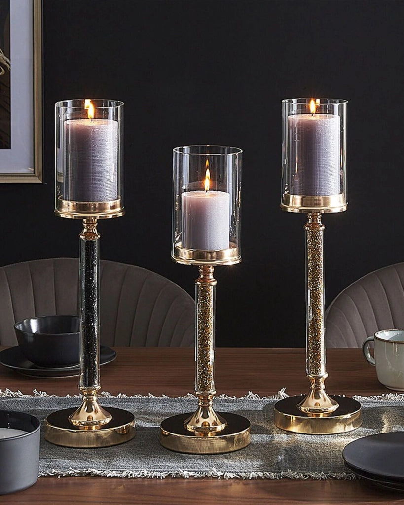 Portacandele Colonna in metallo dorato Paralume in vetro 48 cm Centrotavola decorativo glamour