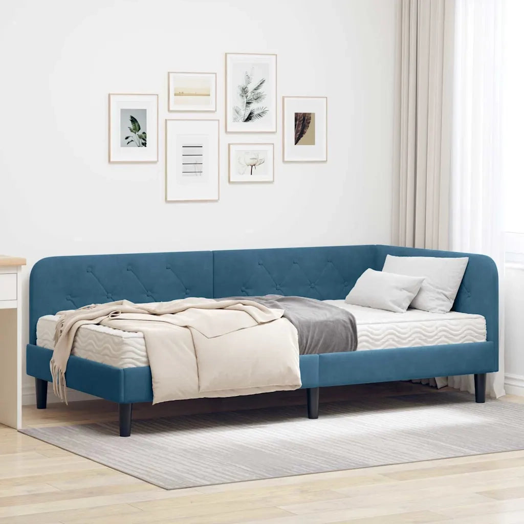 Letto singolo | Letto per adulti | Cornice del letto ad angolo Blu 90 x 200 cm Velluto