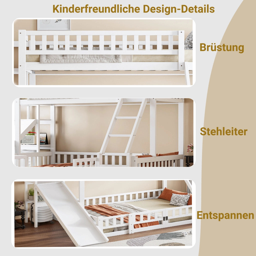 OKWISH Letto a Castello 140×200 cm, Letto Matrimoniale con Scivolo, Scala e Mensole, senza Materasso, in Pino e MDF, Bianco