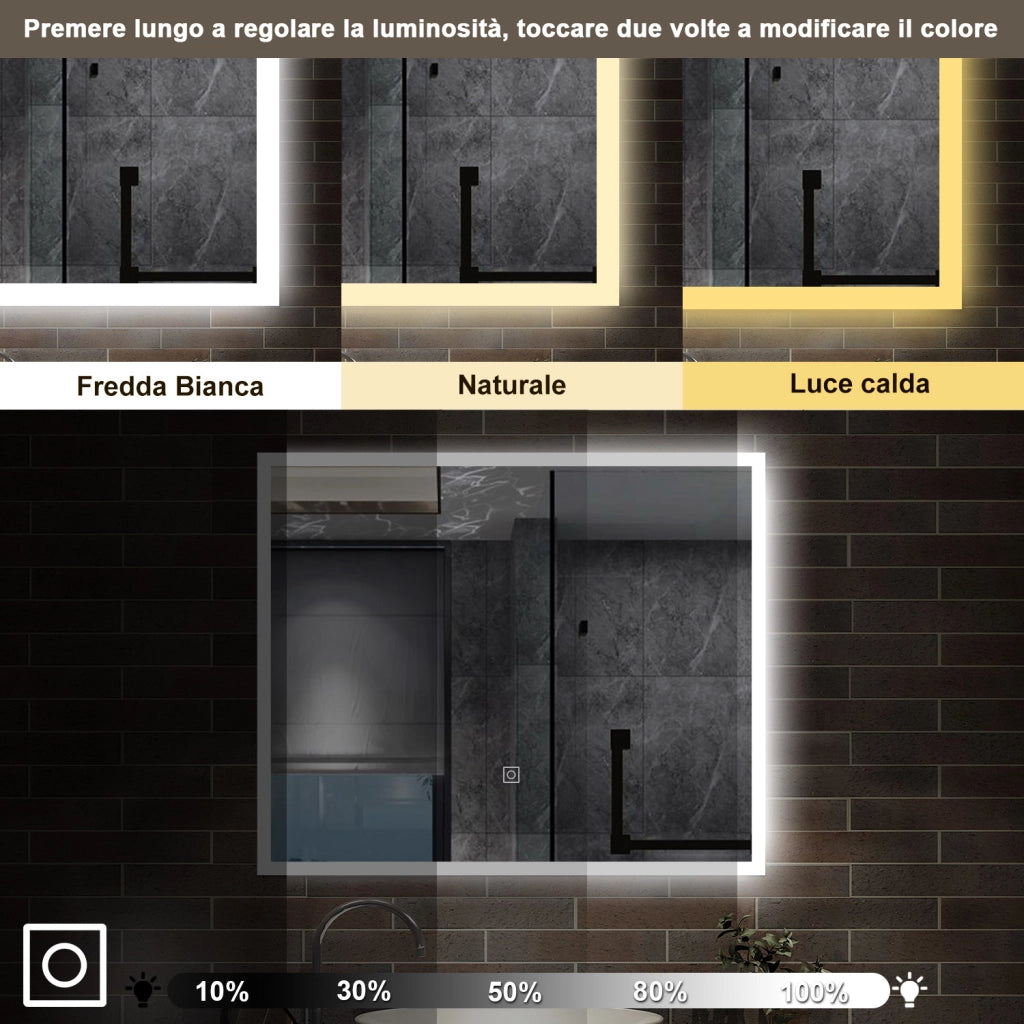 specchio rettangolare 80x60 cm con luce led, antiappannamento e touch