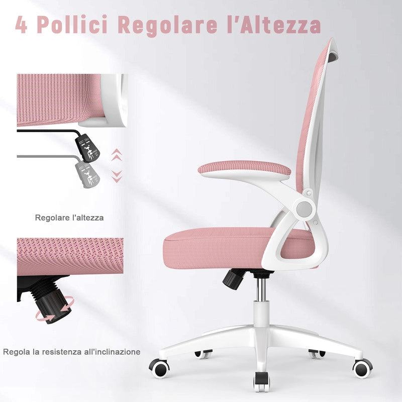 Poltrona Ufficio Ergonomica con Rotelle - RATTANTREE - Braccioli Ribaltabili 90¡ã + Schienale Reclinabile 90¡ã-105¡ã - Rete Mesh Traspirante - Rosa