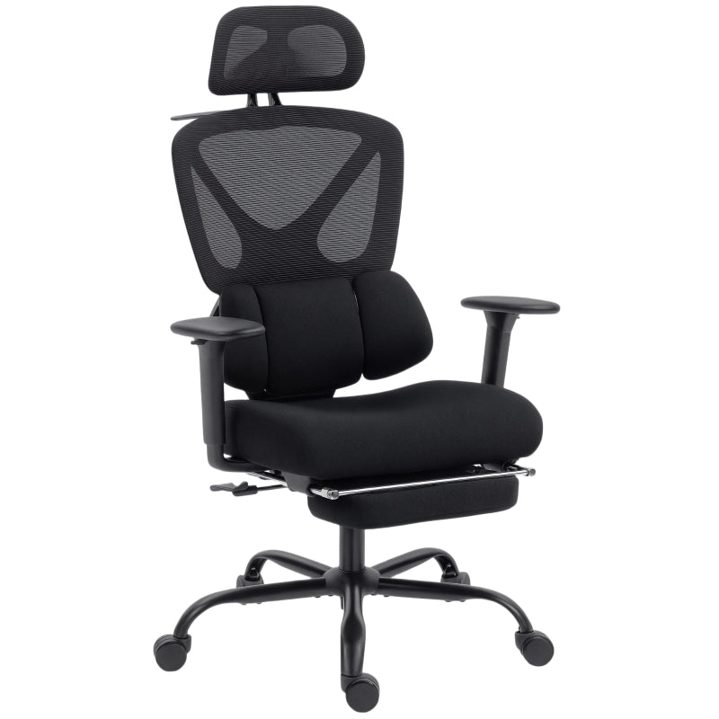 Sedia da ufficio ergonomica con supporto lombare, braccioli 3D, poggiatesta, poggiapiedi e girevole in plastica nera