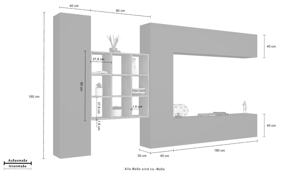 Parete TV attrezzata antracite sospesa design moderno pensile 2 armadi libreria Ferd RT