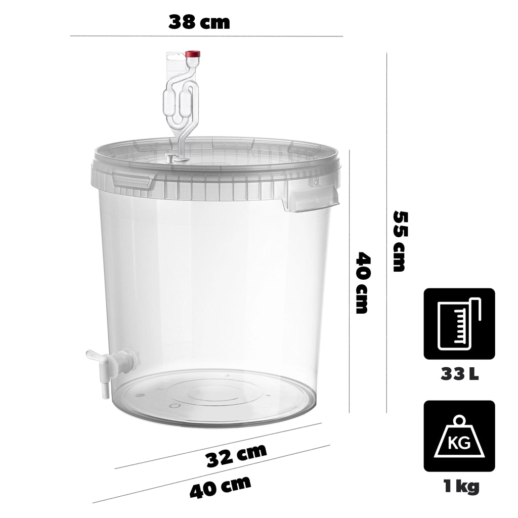 Set di contenitori per fermentazione KADAX da 33 litri per vino e liquori, completo di rubinetto, tubo e tappo.
