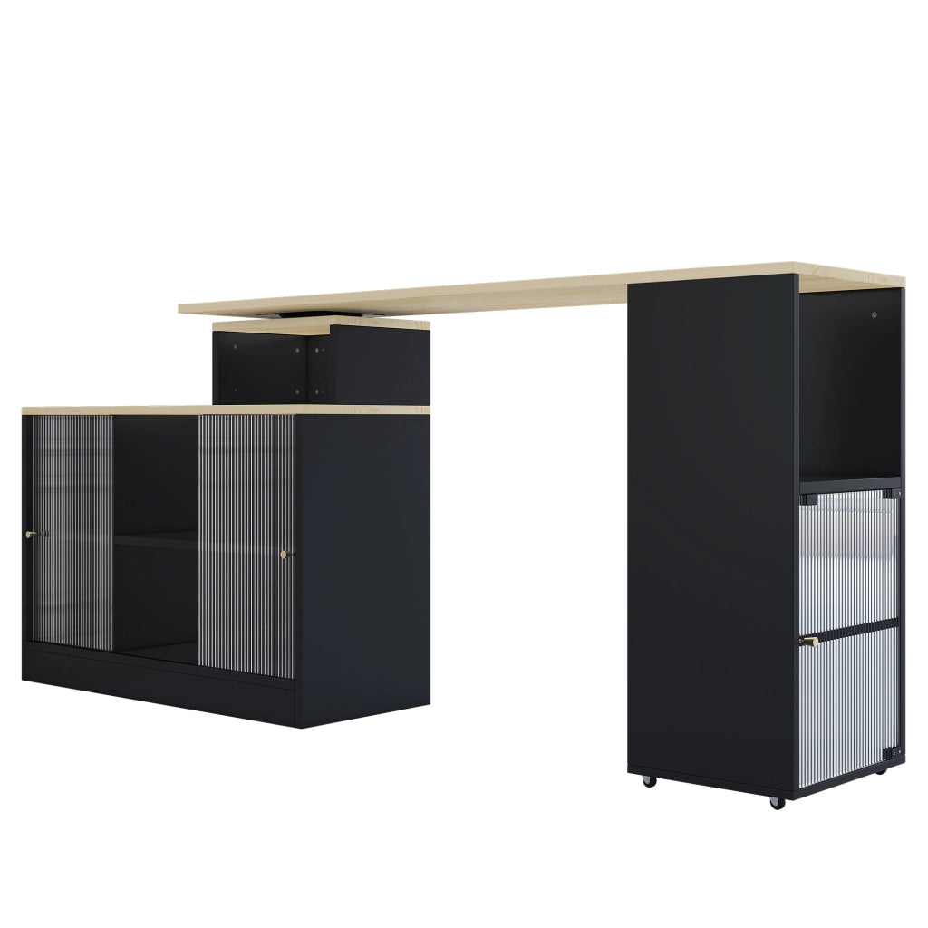 Tavolo bar allungabile nero con contenitore, mobile a 360° in MDF e vetro, salvaspazio