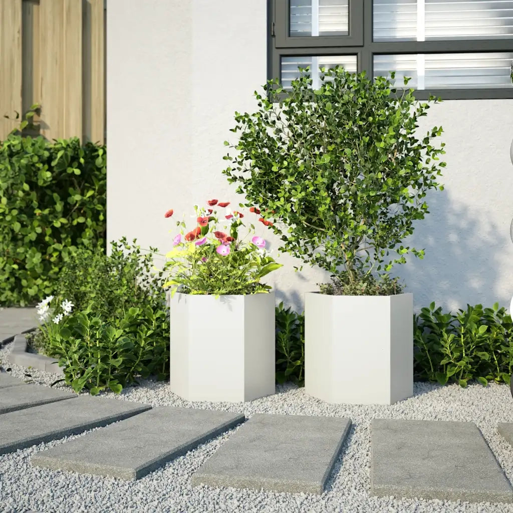 Fioriere da Giardino 2 pz-Vaso da giardino Esagono Bianco 46x40x45 cm Acciaio