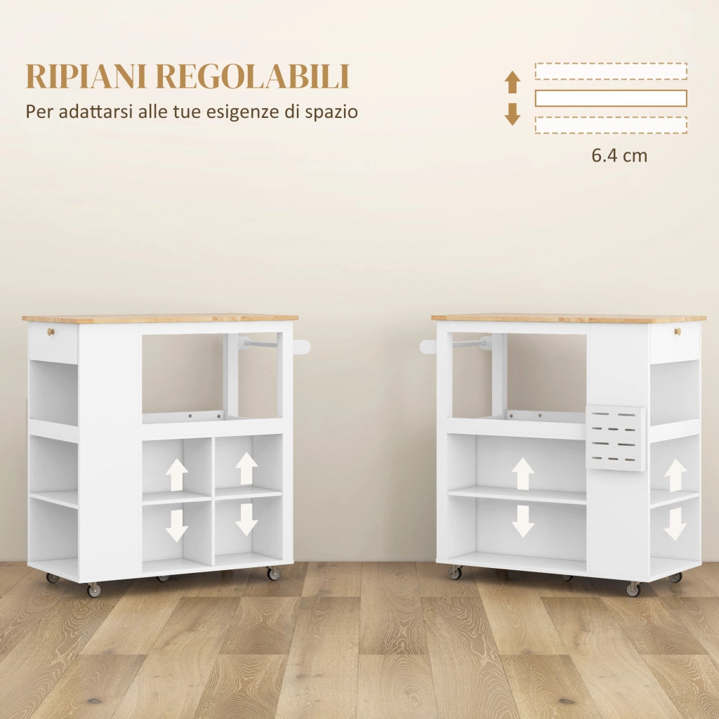 Carrello Isola da Cucina con Ripiani Regolabili, Portacoltelli e Piano in Legno, 86.5x47x88 cm, Bianco