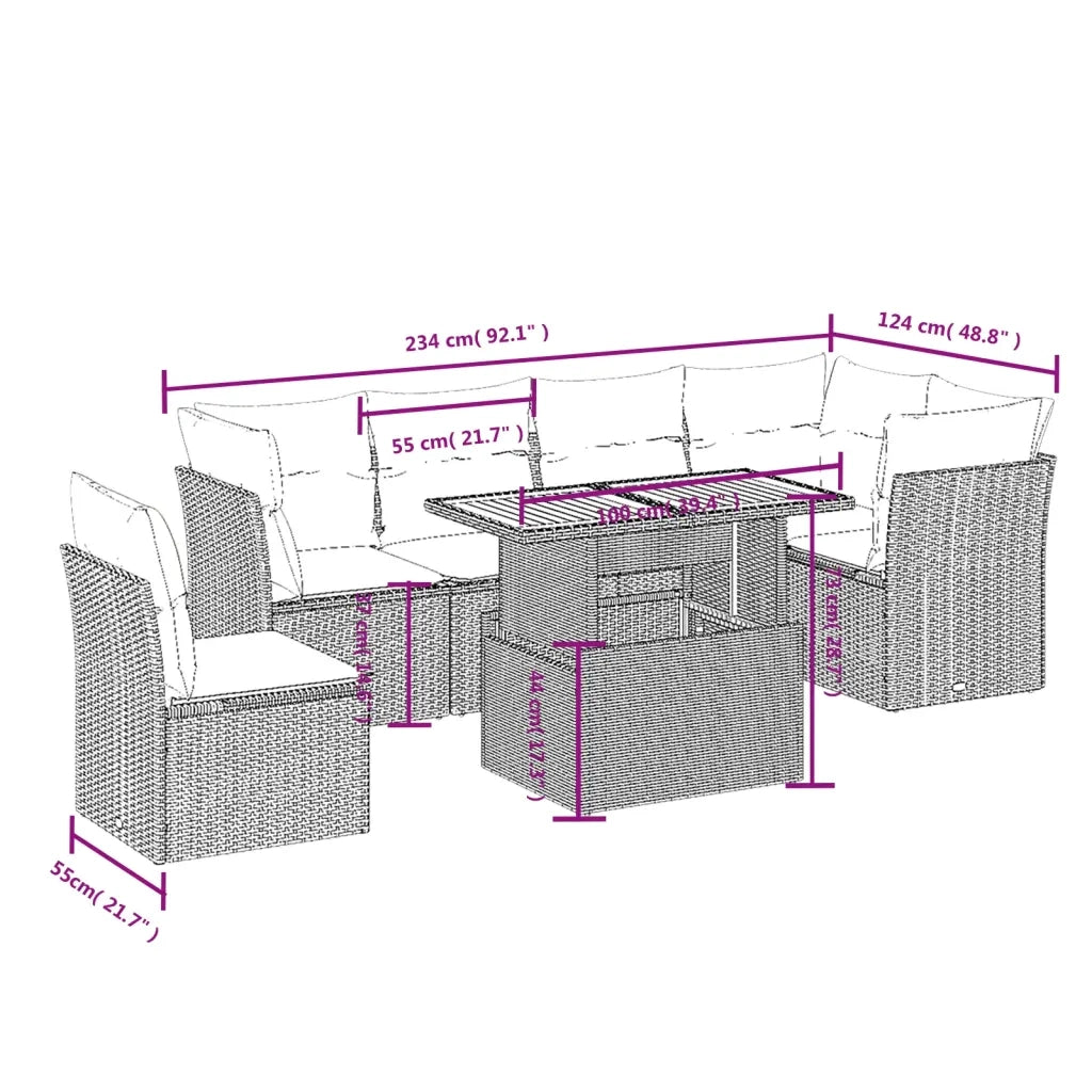 Set Divani da Giardino 7 pz con Cuscini Beige in Polyrattan