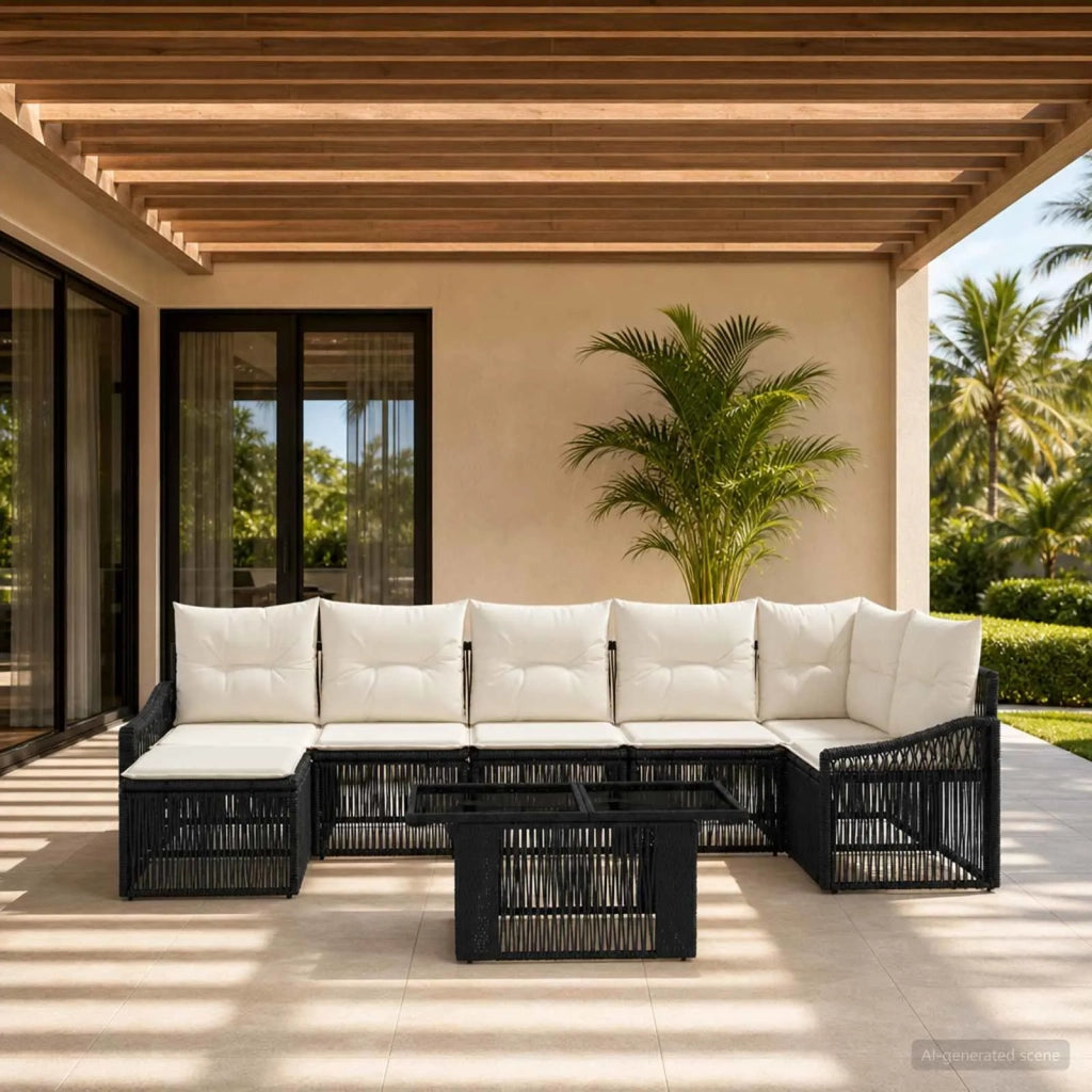 Set Divano da Giardino 8 pz Nero e Bianco Crema polyrattan 3437284