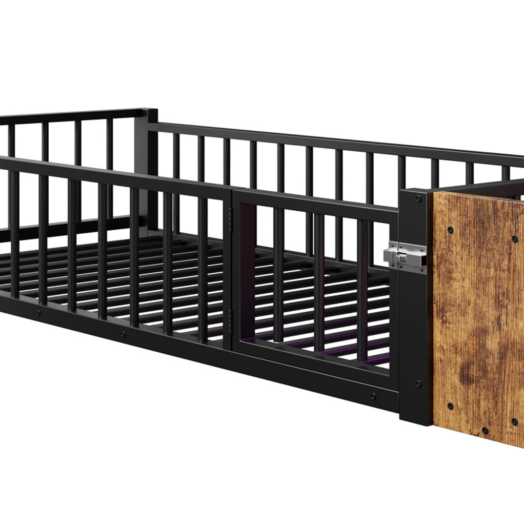 Letto singolo 90x200 cm in metallo e MDF; nero; con sponda di sicurezza; ripiano e LED