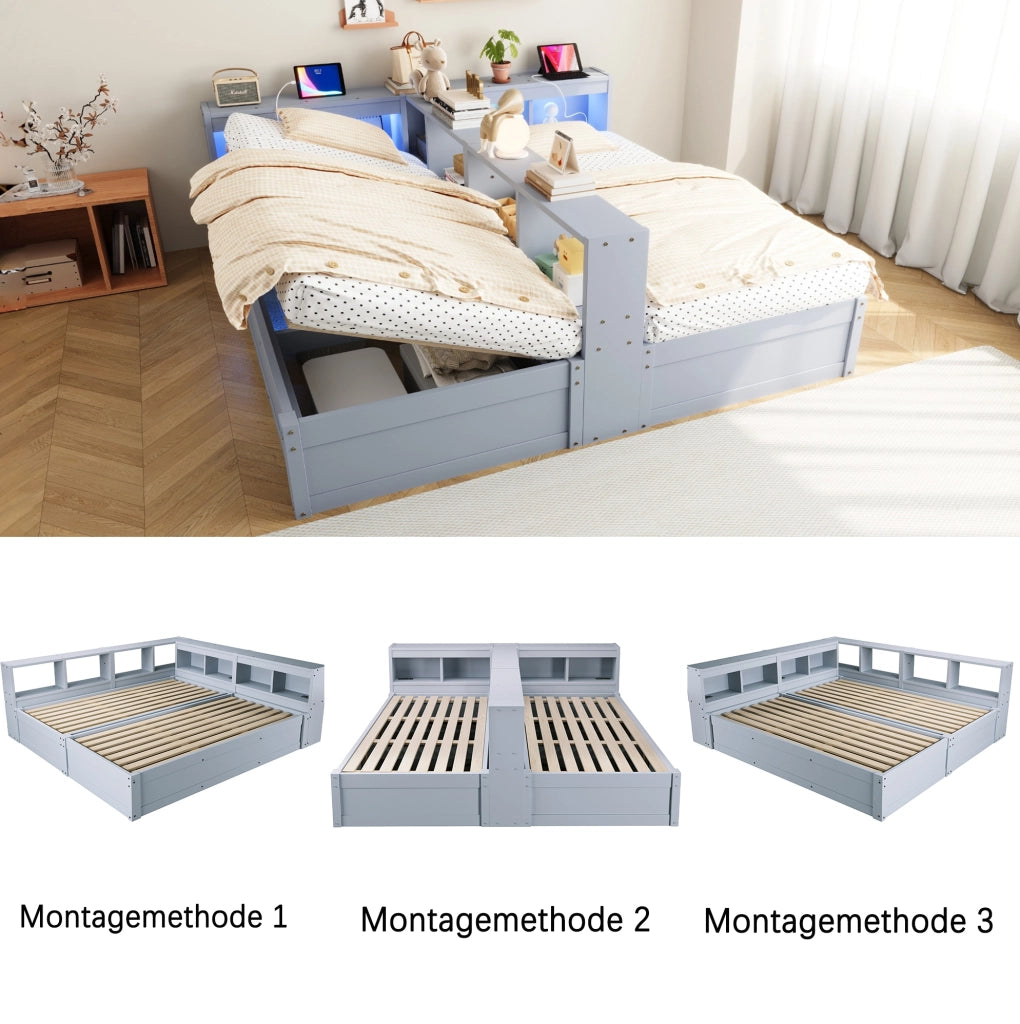 Letto multifunzione 90/180 x 200 cm grigio con LED e prese