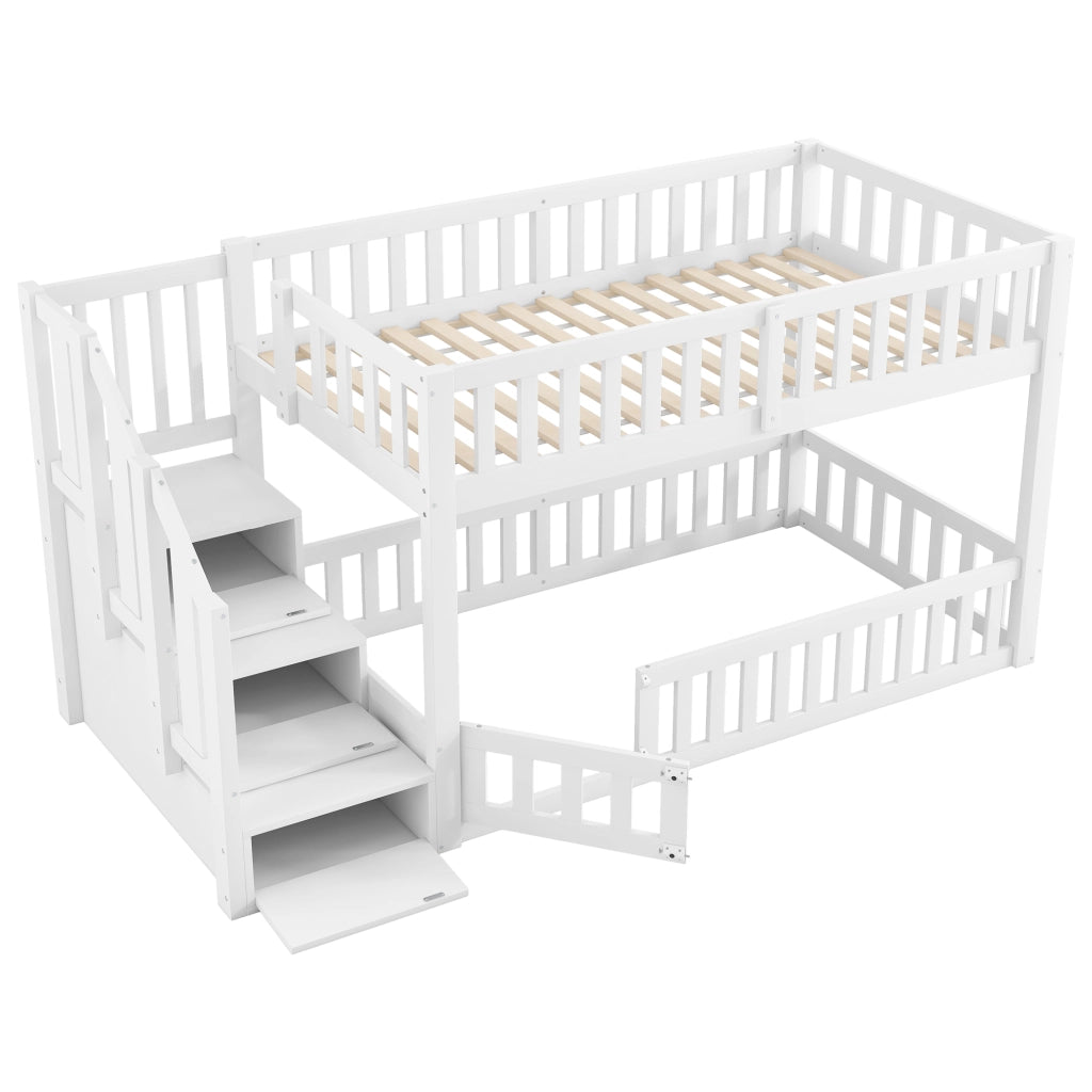 Letto a castello 90 × 200 cm con scala laterale e vano portaoggetti, senza materasso, in legno, bianco