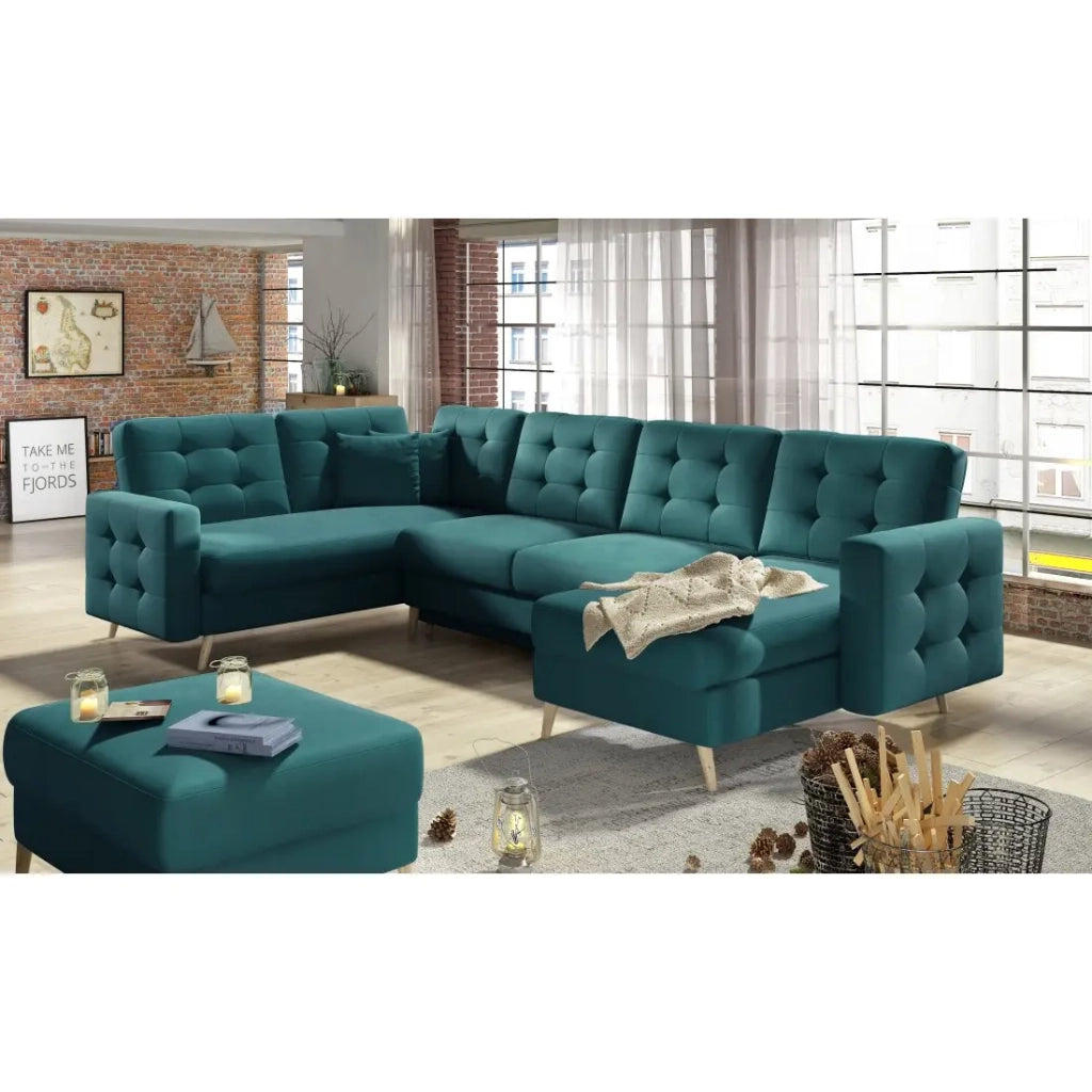 Divano ad angolo panoramico convertibile U HASGARD 326 cm verde velluto con contenitore
