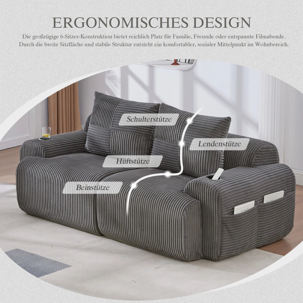 Divano modulare a 2 posti in tessuto a coste con portabicchieri tasca laterale e imbottitura ergonomica grigio scuro