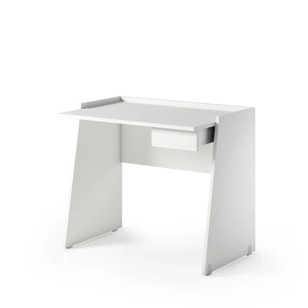 Scrivania Bianca Moderna con Cassetto e Piano Effetto Cemento | Scrivania PC Salvaspazio per Smart Working, Home Office e Studio | Tavolo Computer 90x60x80 cm