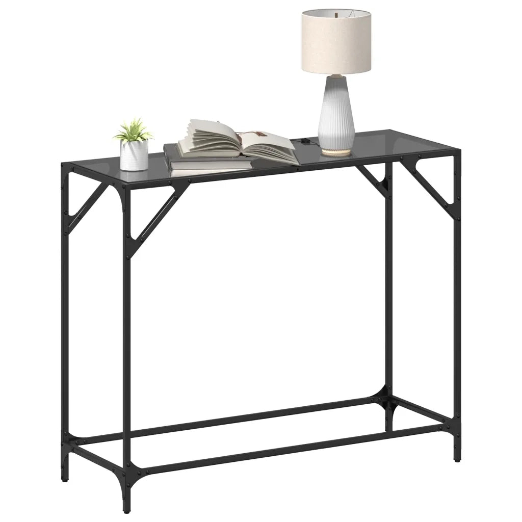 Tavolino Consolle | Tavolo d'Ingresso con Piano in Vetro Nero 98x35x81cm in Acciaio