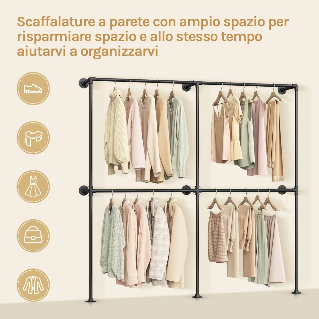 Appendiabiti da Parete, Appendiabiti da Muro per Vestiti, Appendi Abiti Industriale a Tubo con 4 Barre per Appendere Indumenti, Metallo, Nero, 193x36,5x187 cm