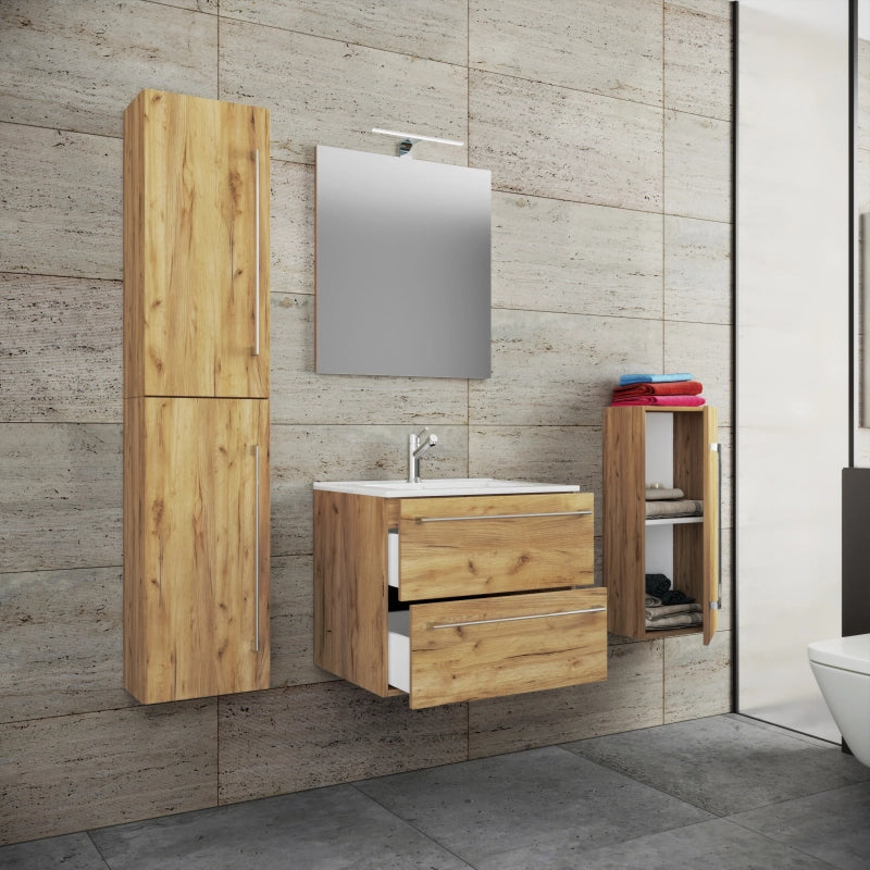 Completo Set bagno 5 pz Mobile sosp 2 casetti con Lavabo large in ceramica incl 1 Colonna 1 mobile sosp e specchio, Rovere