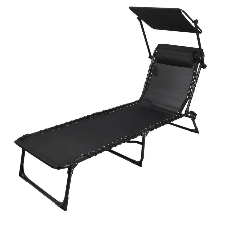 Set di 2 lettini con tavolino-portaombrelli e cuscino – 187x56x85 cm – Metallo nero – Tela nera