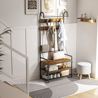 Mobile Ingresso Appendiabiti con Panca e Scarpiera 80x40x182 cm in Legno e Metallo Marrone e Nero