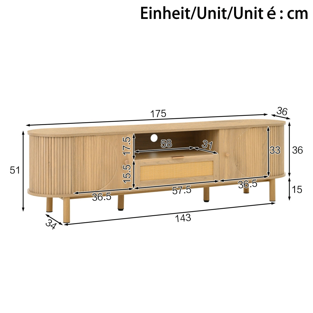 OKWISH Mobile TV con 2 Ante, 1 Cassetto e Vani Aperti, Passacavi, Stile Naturale per Soggiorno, MDF, 175 × 36 × 51 cm