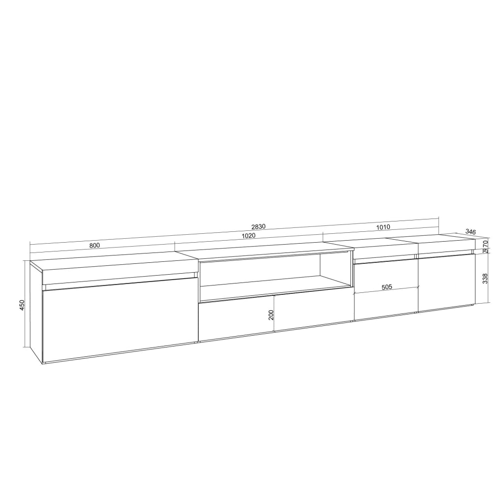 Mobile TV Soggiorno, 288x45x35 cm, TV di grande formato, Sospeso, da appendere, Bianco e Rovere soft